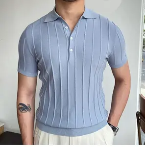 Good quality 100% viscose knitted solid summer tee shirt oversized short sleeve breathable stripe men's polo shirt
