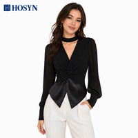 Haut en tricot élégant pour femme, col montant, manches bouffantes, peplum fendu, torsadé sur le devant, en mélange de laine personnalisé