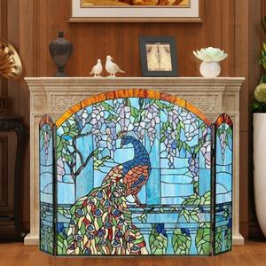 Écran de cheminée en verre massif 44''x32'' avec motif paon, en verre teinté soudé à la feraille pour la décoration intérieure - Product Image 1