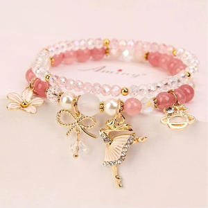 Neues Trendiges Tanzendes Mädchen Kristallarmband Elastisches Seil Kristallperlen Armreif Süße Schleife Blume Ballerina-Anhänger Charm-Armband - Product Image 2