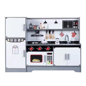 Réfrigérateur <span class=keywords><strong>en</strong></span> <span class=keywords><strong>bois</strong></span> noir et blanc, cuisine, maison pour enfants, <span class=keywords><strong>cuisinière</strong></span> à induction sonore et lumineuse, jouets éducatifs de découpe - Product Image 1