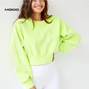 Mgoo moletom com capuz para mulheres, moletom verde neon gola tripulada clássica fleece sólida crop