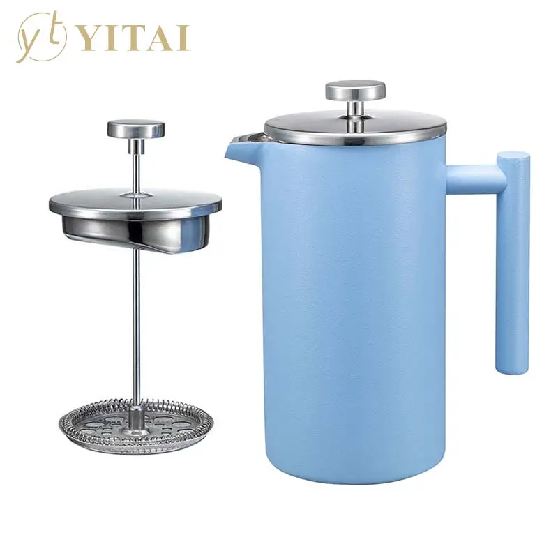 New Design Customized Logo Sustainable Stainless Steel Blue Tea Cafetiere Coffee French Press