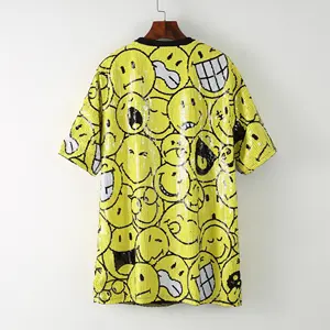 Lantejoula Smiley Face T Shirt feminino Mini vestido túnica regular um tamanho amarelo