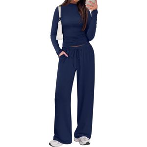 Ensemble de détente deux pièces FOXA pour femme : haut à col montant et pantalon large à manches longues, tenue tricotée respirante pour le quotidien et les voyages - Product Image 1