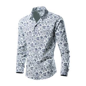 Camisas casuales de moda para <span class=keywords><strong>hombre</strong></span> de manga larga con estampado Floral aplastado botones de una sola <span class=keywords><strong>fila</strong></span> cuello de Polo transpirable 100% algodón para primavera - Product Image 4