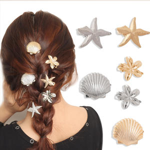 Barrette à cheveux pour femme en alliage de <span class=keywords><strong>zinc</strong></span>, style océan transfrontalier, avec motifs étoile de mer, bec de canard, coquille Saint-Jacques, frange et fleurs - Cadeau charmant - Product Image 1