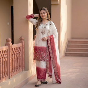Ensemble Kurta pour femmes brodé, ombré, couleur bordeaux, avec dupatta et pantalon, costume traditionnel pakistanais - Product Image 1