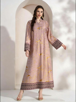 Robe Abaya Maxi Élégante en Rayonne, Imprimé Doré Craquelé de Luxe, Manches et Ourlet Brodés, Robes Kaftan pour Femmes, Robe de Fête pour l'Aïd et le Ramadan