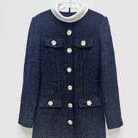 Nouvelle Robe en Tweed Bleu Marine à Paillettes pour Femme, Col Montant, Manches Longues, Boutons Diamantés, Idéale pour le Quotidien et les Trajets Professionnels