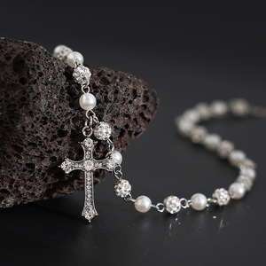 Collana con Ciondolo a Croce con Strass per Uomo, Catena con Perle Finte, Gioielli Religiosi Hip Hop, Regali - Product Image 4