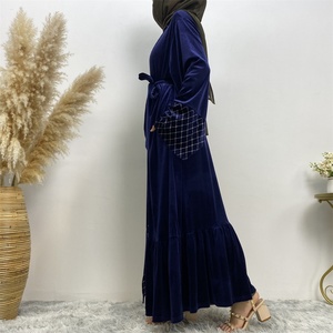 1857# Winter Velvet <b>Abaya</b> Grid Pattern Border Blue Warm Women Cardigan Fashion Kimono Kaftan <b>Abaya</b> - Product Image 6