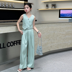 Completo Estivo in Cotone per Ragazze 2025, Nuovo Set <span class=keywords><strong>Elegante</strong></span> e alla Moda con Gilet Monopetto e Pantaloni per Bambine Più Grandi - Product Image 3