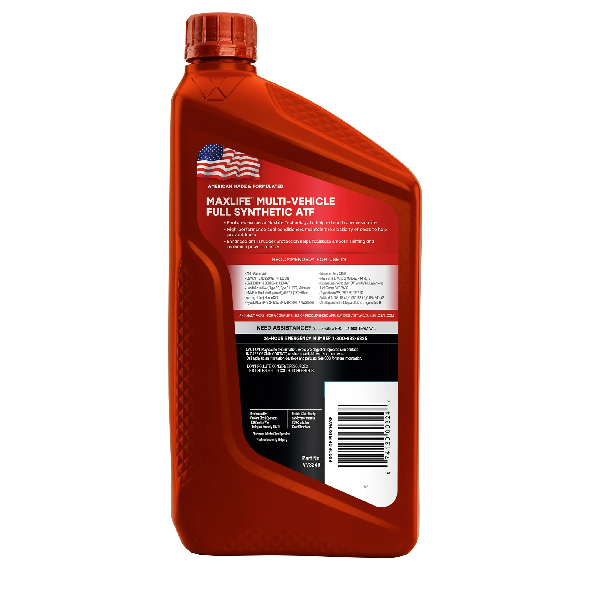 Valvoline MaxLife 1 QT Full Synthetic Multi-Vehicle Automatic Transmission Fluid (ATF) Plastic Bottle Made in USA Auto Parts Image 2