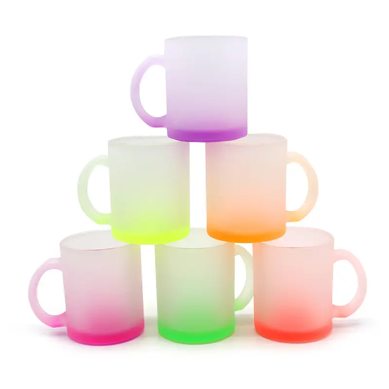 Vasos de sublimación de calidad Superior, taza de vidrio esmerilado fluorescente de Color degradado de 11oz con mango, taza de café y cerveza