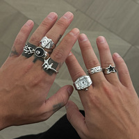 Ensemble de 7 bagues de montre de style gothique hip-hop pour hommes et femmes, vintage punk, étoile à cinq branches, horloge, empilage irrégulier, bijoux de doigt