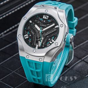 Montres de luxe personnalisées, montre squelette pour hommes avec logo, montre-bracelet mécanique à bracelet en silicone, montre automatique étanche 5atm pour hommes - Product Image 5
