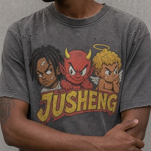 T-shirt Homme Oversize Délavé Effet Vieilli 240GSM Motif Dessin Animé Diable Ange Trou de Balle Dégâts Ourlet Brut Streetwear OEM - Product Image 3