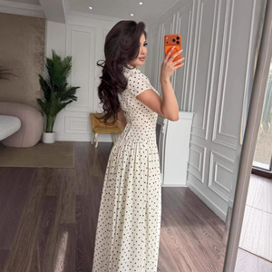 Summer Elegant Women's Polka <strong>Dot</strong> Spliced Short Puff Sleeve Stand Collar Hollow-out Slim Fit High Waist Pleated A-<strong>line</strong> <strong>Maxi</strong> <strong>Dress</strong> - Product Image 2