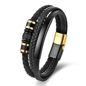 Pulsera <span class=keywords><strong>de</strong></span> Cuero para <span class=keywords><strong>Hombre</strong></span>, Minimalista, Trenzada <span class=keywords><strong>de</strong></span> Triple Hilo, Placa Redonda Dorada, Cierre Magnético, Acero Inoxidable 304, Uso Diario Informal - Product Image 1