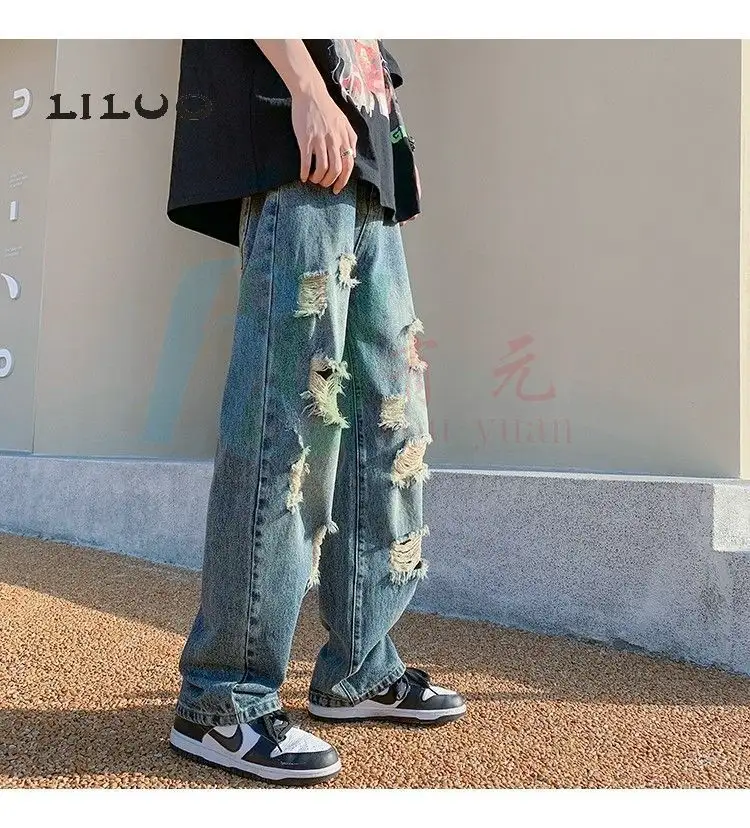 High Quality hip hop jeans Patchwork Hole Flared Denim Men Loose Jeans Men Hip Hop High Street Style Men's Jeans