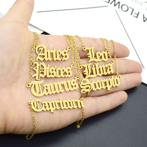 Spot Venta al por mayor Cadena de acero inoxidable Collar del alfabeto del zodiaco Letra inglesa <span class=keywords><strong>antigua</strong></span> Collar de doce constelaciones chapado en oro - Product Image 1