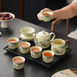 ชุดน้ำชาเซรามิก Ru Kiln 10 ชิ้น พร้อมถ้วยแบ่งชา ถาดชา ฝาปิด ถ้วยชา ทำด้วยมือจากพอร์ซเลน สำหรับพิธีชงชา ใช้ในบ้าน - Product Image 4