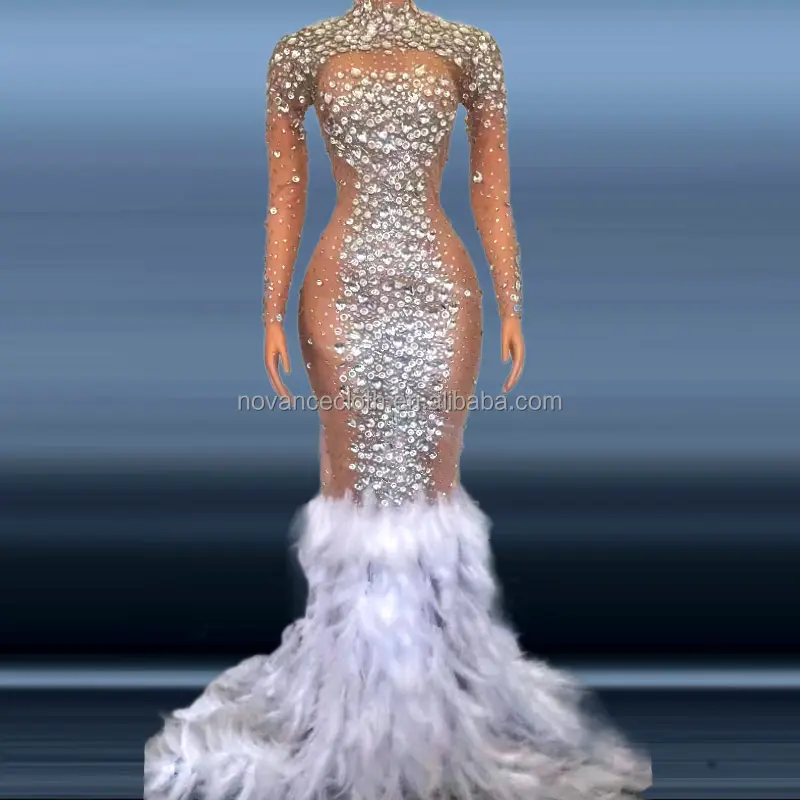 NOVANCE Y2222-D trendy summer dresses 2022 shiny diamond elegant long sleeve evening gowns white feather fishtail evening dress