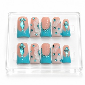 Faux ongles à presser dégradé rose et bleu, avec fleurs 3D et strass, couvrance totale, longueur moyenne, pour soirées - Product Image 2
