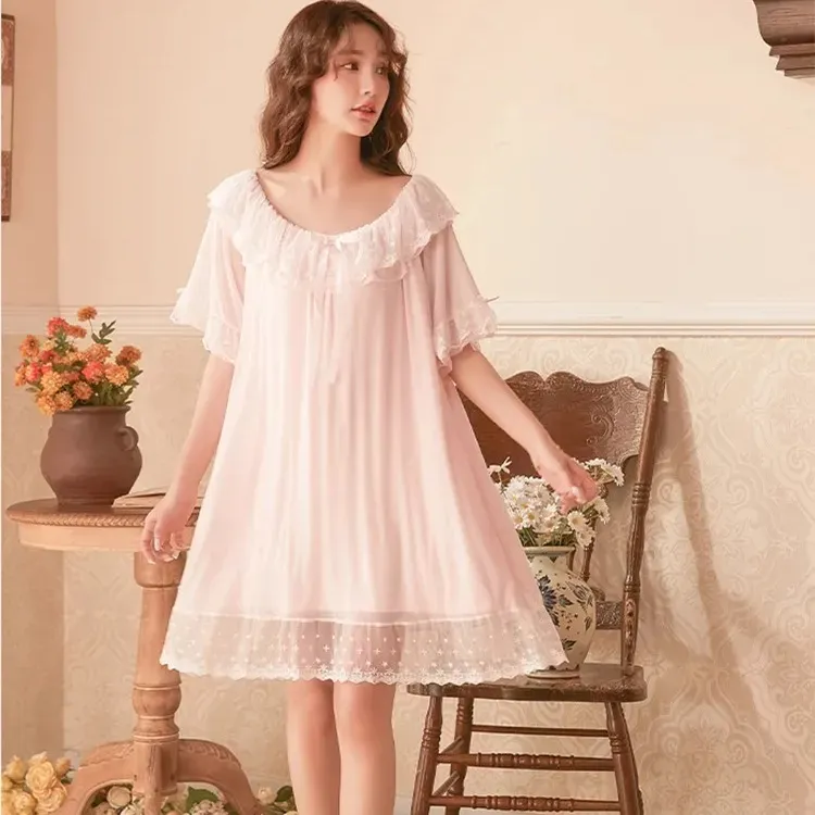 French Court Style Pajama Women New Spring Summer Mesh Lace Home Dress Ice Silk Modal Fairy Nightdress Pajamas Woven Knee Length