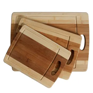 3-Piece Bamboo Cutting Board Set: cheap butcher block boards with juice groove and handle; Slice veggies, bread or meat; great