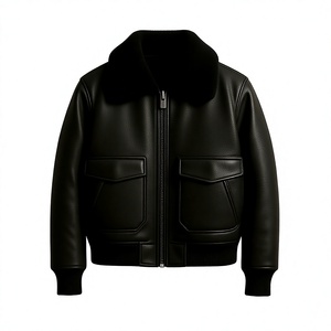 Blouson aviateur en cuir véritable pour homme, haute qualité, enduit, imperméable, col montant, broderie, fermeture éclair, doublure Sherpa, hiver - Product Image 1