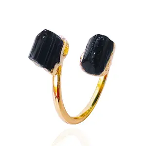 Wholesale natural black tourmaline ring irregular raw stone gold plated ring natural stone jewellery