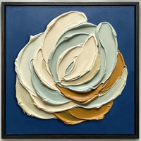 Lukisan Dinding 3D Motif Bunga Biru Dongker dengan Bingkai, Warna Sage Ivory Ochre, Dekorasi Abstrak Bunga untuk Resort, Suite, Galeri, Ruang Tamu