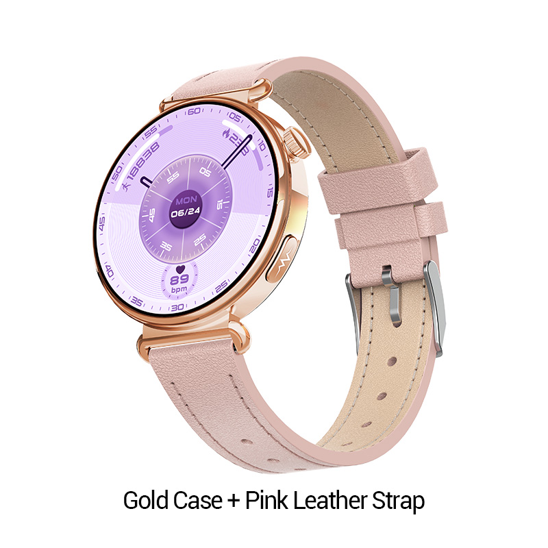 Boîtier doré + bracelet en cuir rose
