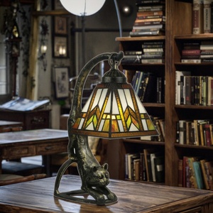 LongHuiJing 6Inch Tiffany Style <b>Table</b> Lamp Stained Glass <b>Bedside</b> Lamp with Cat Base Vintage <b>Antique</b> Nightstand Home <b>Table</b> Lamp - Product Image 3