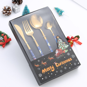 Christmas Stainless Steel Cutlery Set 4 Piece Gold Plated Holiday Tableware Gift Box Western Dinnerware - Product Image 3