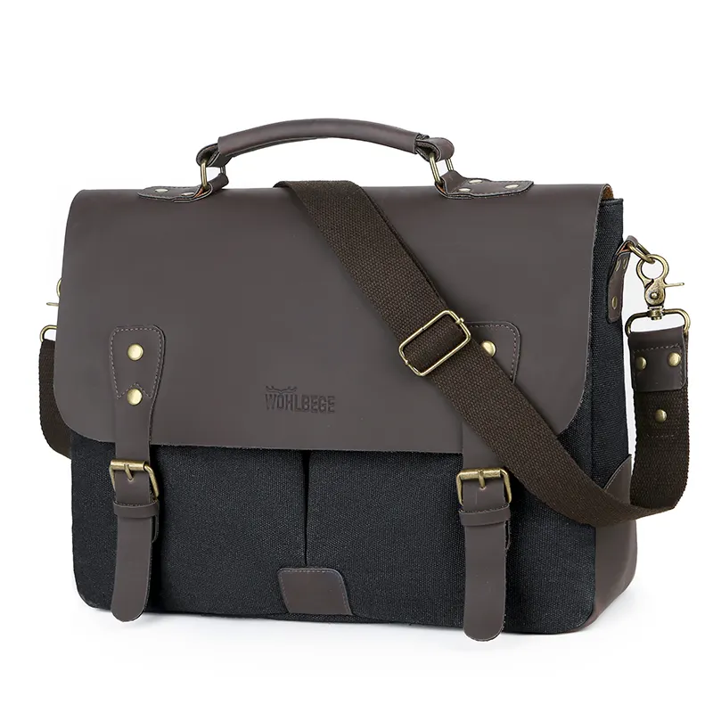 Spot goods business casual men crossbody shoulder canvas leather laptop briefcase messenger bag