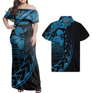 Couple Plus Size Summer Dress with Hawaiian Shirt Polynesian Tribal Samoan Puletasi Off Shoulder Dress Loose Dress for Women