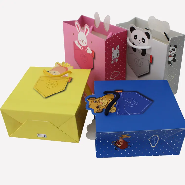 중국 공장 판매 맞춤 새로운 만화 키즈 사자 토끼 팬더 선물 종이 가방 핸드백 어린이 날 생일 아기 선물 가방