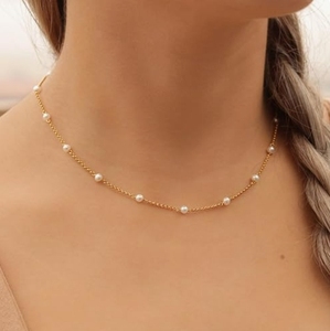 Collar Gargantilla con Cadena de Plata de Ley Chapada en Oro y Perlas Redondas Blancas Auténticas de 3-4 mm - Product Image 1