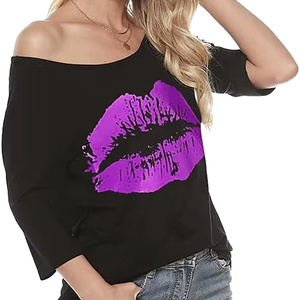 เสื้อยืดโอเวอร์ไซส์สไตล์ลำลองยุค 80 สำหรับผู้หญิง น่ารัก ใส่สบาย ผลิตจากโพลีเอสเตอร์ พิมพ์ลายริมฝีปาก 8 สี พร้อมตัวอักษรที่ไหล่ เหมาะสำหรับฤดูร้อน ขายส่ง - Product Image 1