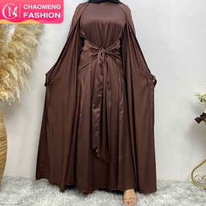 1925# Smooth Satin <b>Abaya</b> Set Elegant Two Pieces Sets Long Sleeve Inner Wrap Dress Plus Open <b>Abaya</b> Sets for Muslim Ladies - Product Image 1