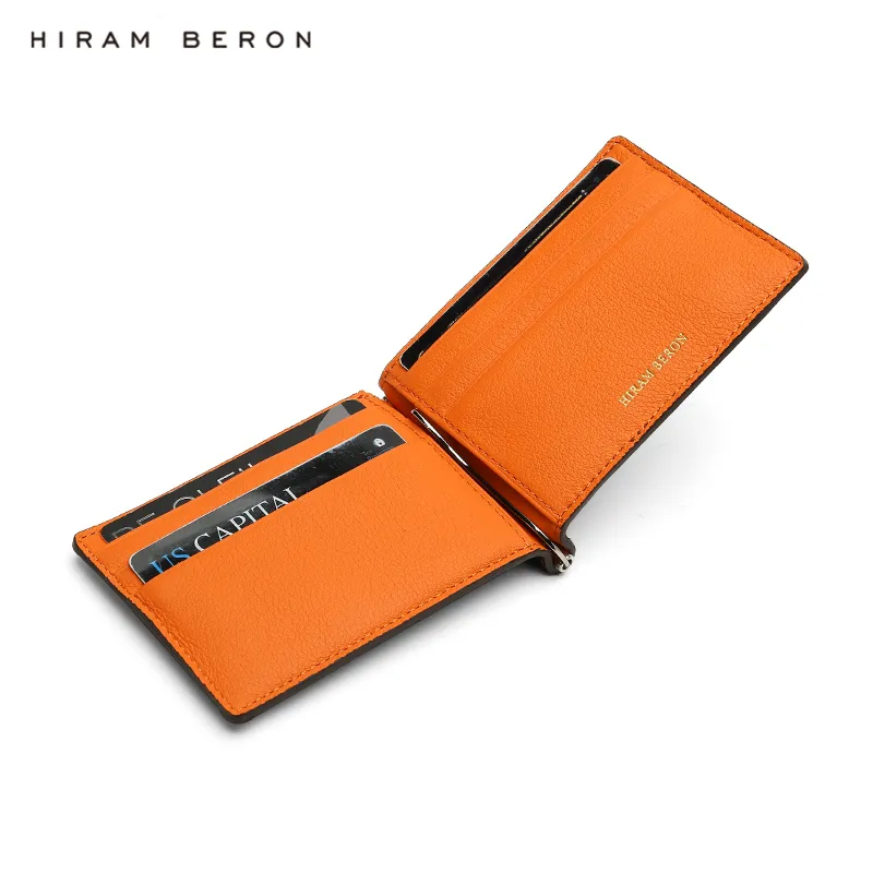 Hiram Beron Brand Leather Money Clip Wallet with Card