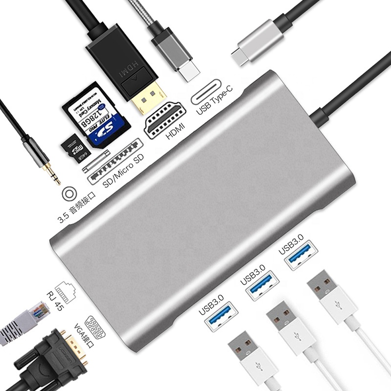 10 in 1 Aluminum USB3.1 SD TF Card Reader Otg Type-C Adapter 10 Ports USB3.0 RJ45 Network VGA HD 4K 10 En 1 Type C Hub