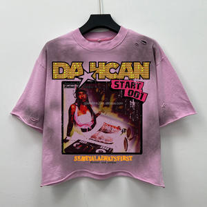 T-shirt surdimensionné imprimé délavé avec des bords bruts personnalisés par un designer, 320 g/m², streetwear, strass, lavage à l'acide - Product Image 1