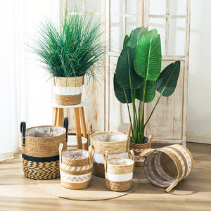 Handmade Straw Woven <b>Basket</b> Round Indoor Outdoor Plant Pot Storage <b>Basket</b> With Handles For Home Decor - Product Image 3