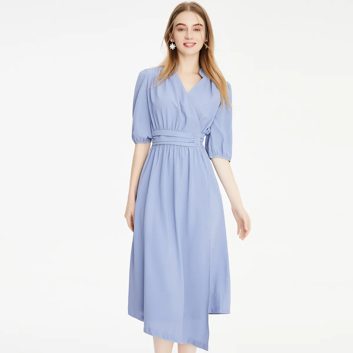 Refreshing Dresses Woman Summer 2021 Short Sleeve Shirt Unicolor Casual Muslin Ruched Loose Dresses Q92262 Blue Vintage Woven