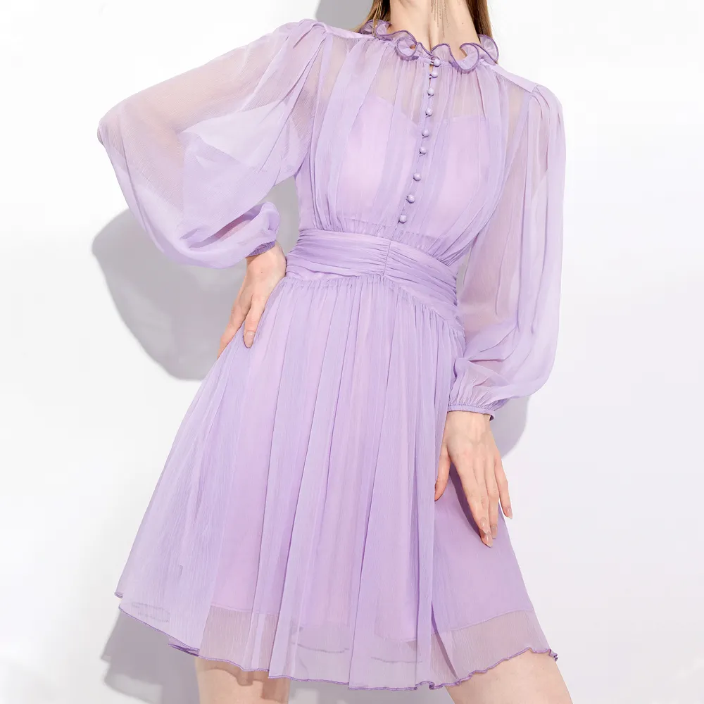 Robe en mousseline de soie violette personnalisée, manches lanternes, jupe trapèze mince plissée, robe d'été pour femmes, 2023