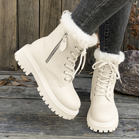 Bottines d'hiver pour femmes avec col en fausse fourrure, lacets, fermeture éclair latérale, semelle plateforme épaisse, doublure en polaire, couleur beige et noir